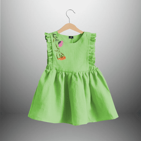 Girls Knee Length Frock with Frills and Flower Motif-RKFCW379